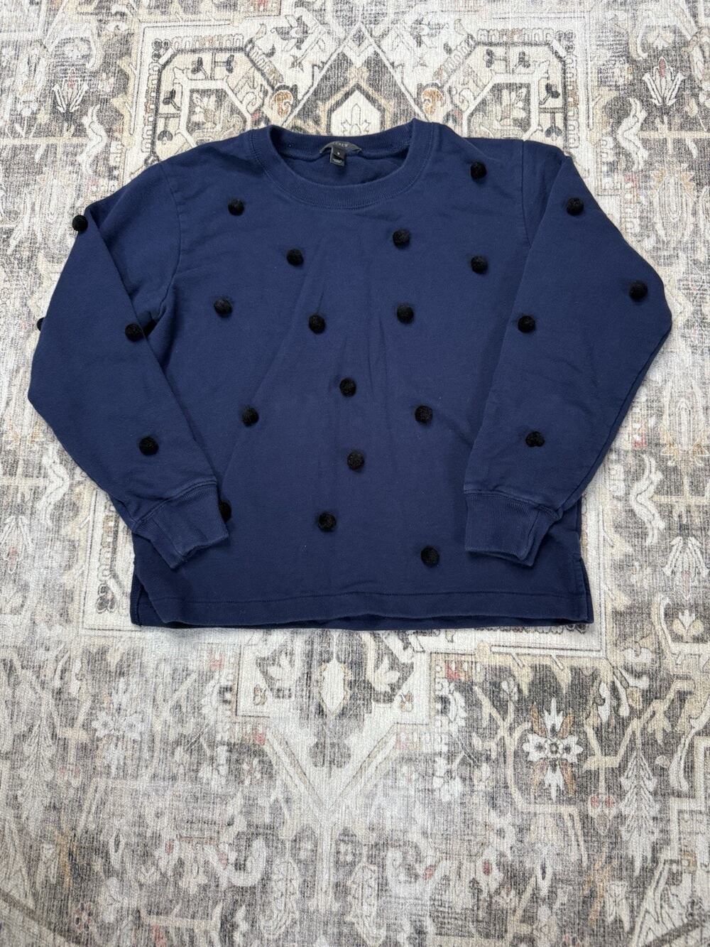 J.Crew women's pom pom cotton pullover sweater navy blue/black sz S Coquette 3d